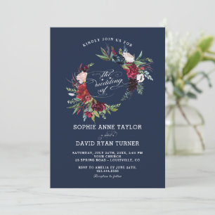 Elegant Burgundy Navy Blue Floral Wreath Wedding Einladung