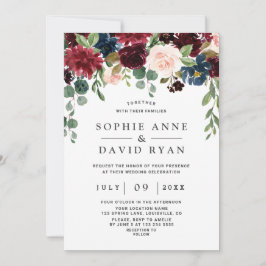 Elegant Burgundy Navy Blue Flowers Wedding Einladung