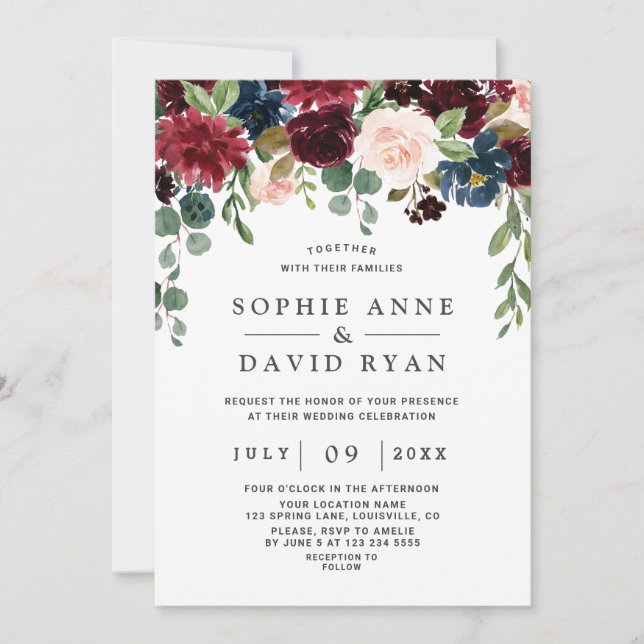 Elegant Burgundy Navy Blue Flowers Wedding Einladung (Vorderseite)