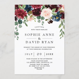 Elegant Burgundy Navy Blue Flowers Wedding Einladung