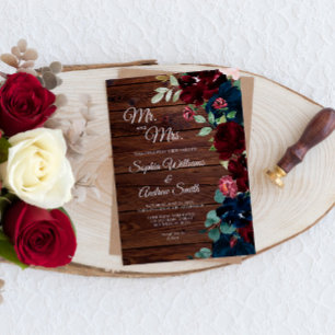 Elegant Burgundy & Navy Blumen Blumen Hochzeit Hol Einladung