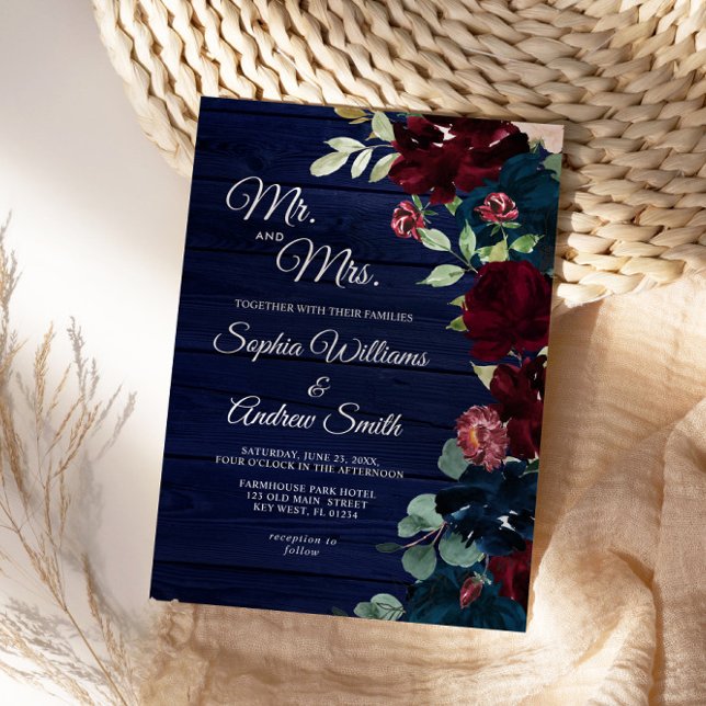 Elegant Burgundy & Navy Blumen Blumen Hochzeit Hol Einladung (Von Creator hochgeladen)