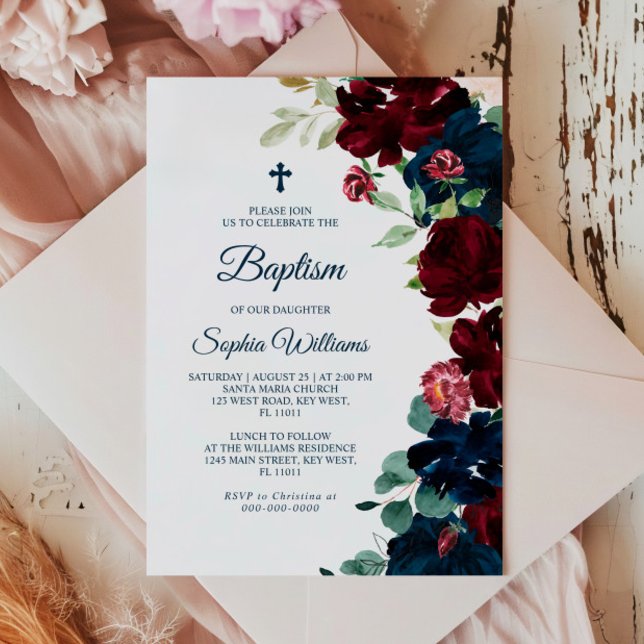 Elegant Burgundy & Navy Blumen Taufe Einladung (Von Creator hochgeladen)