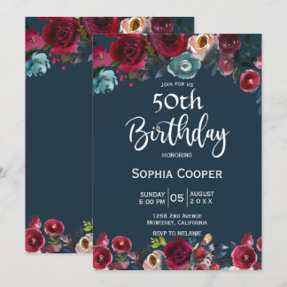 Elegant Burgundy Navy Floral 50. Geburtstagsparty Einladung
