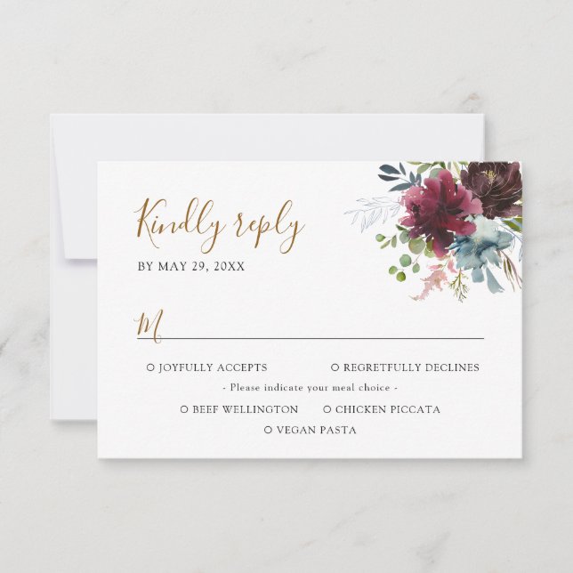 Elegant Burgundy Navy Florals mit Essensoptionen RSVP Karte (Vorderseite)