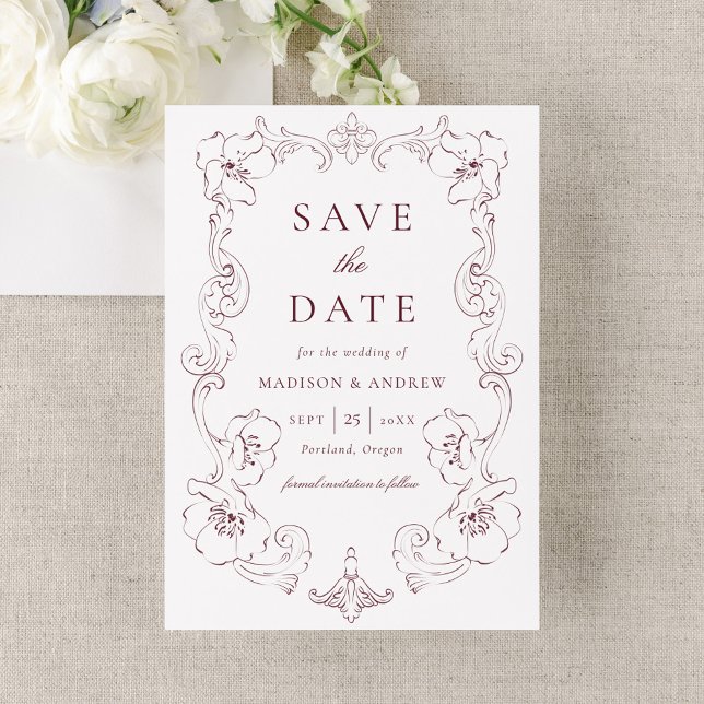 Elegant Burgundy Ornate Floral Frame Wedding Save The Date (Von Creator hochgeladen)