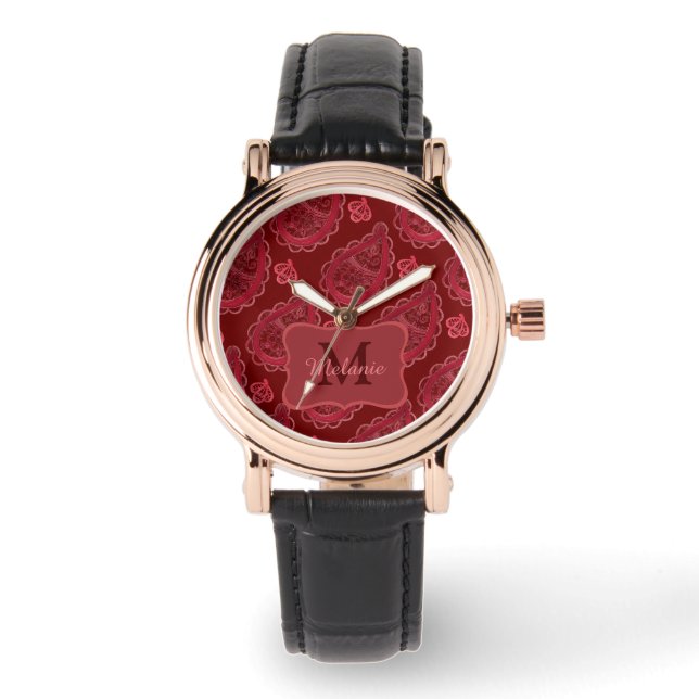 Elegant Burgundy Paisley Pattern Personalisiert Armbanduhr (Vorderseite)