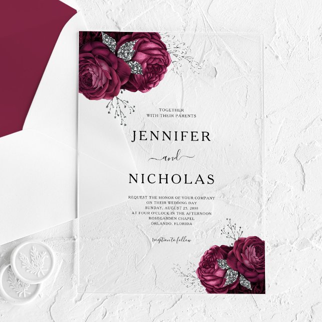 Elegant Burgundy Peonies Floral Wedding Acryleinladungen (Elegant Burgundy Peonies Floral Wedding Acrylic Invitations)