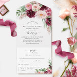 Elegant Burgundy Pink Blush Floral Boho Hochzeit All In One Einladung<br><div class="desc">Elegante All-in-One Hochzeitseinladung mit perforierter UAWG-Postkarte. Die Gestaltung mit wunderschönen Aquarellfarben und blühenden Kaskaden umrahmt Ihre Hochzeitsdetails in einer schönen Mischung aus Bordeaux, Rosa, staubigen Rose, Lila, Beeren und Beige. Moderne handgeschriebene Kalligrafieelemente. Umweltfreundlich, da keine zusätzlichen Beilagen, RSVP-Karten oder sogar Umschläge nötig sind, hat diese Einladung alles! Die Möglichkeit, sowohl...</div>