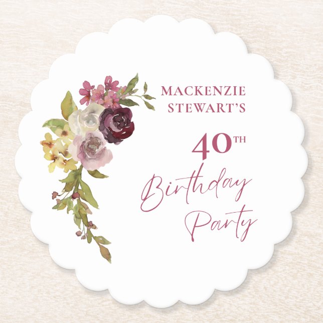 Elegant Burgundy Pink Floral 40. Geburtstag Untersetzer (Vorderseite)