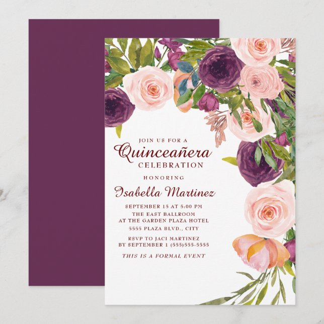 Elegant Burgundy Pink Floral Quinceañera Einladung (Vorne/Hinten)