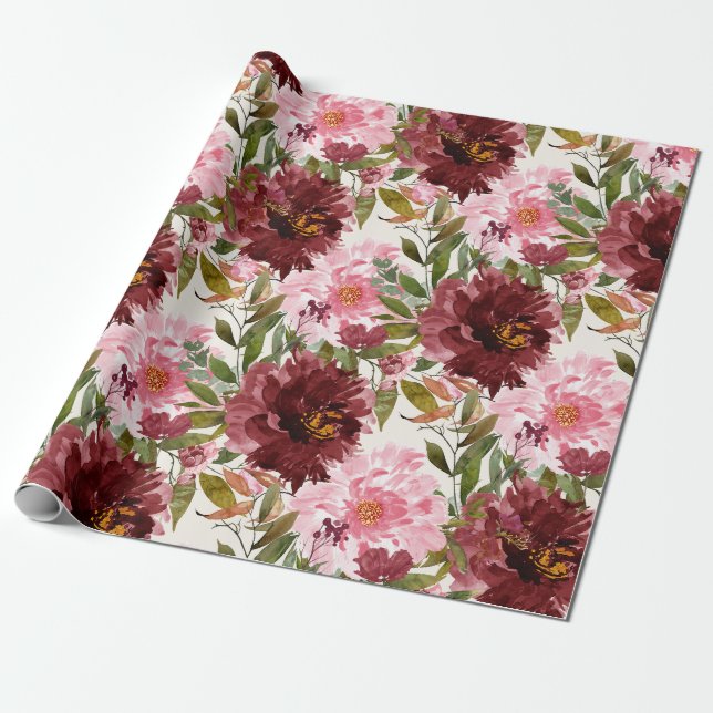 Elegant Burgundy Pink Wasserfarbe Botanisch floral Geschenkpapier (Ungerollt)