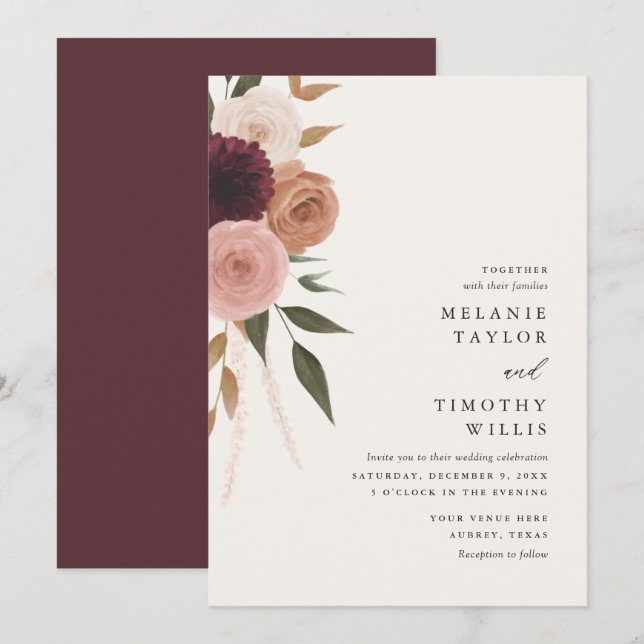 Elegant Burgundy Plum Floral Wedding Einladung (Vorne/Hinten)