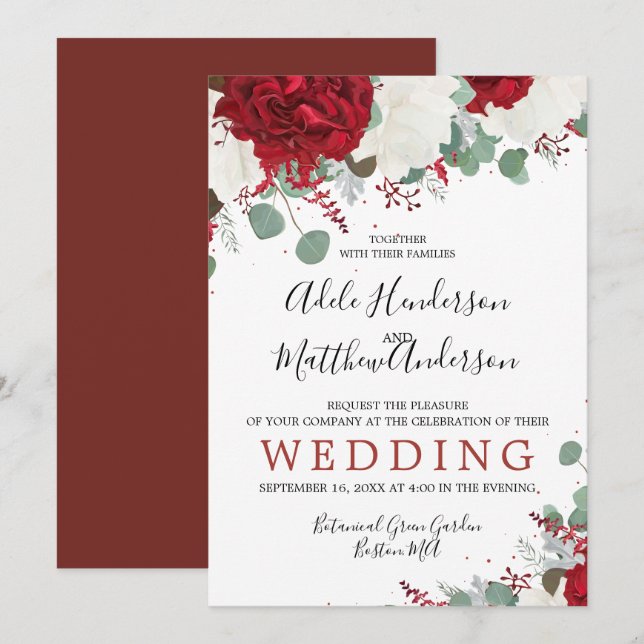 Elegant Burgundy Red Floral Wedding Einladung (Vorne/Hinten)