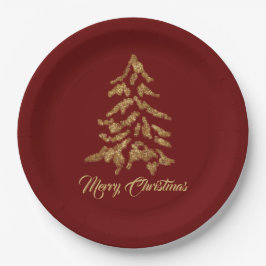 Elegant Burgundy Red Golden Tree Frohe Weihnachten Pappteller