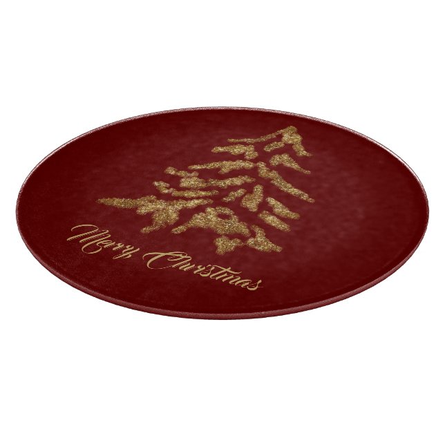 Elegant Burgundy Red Golden Tree Frohe Weihnachten Schneidebrett (Ecke)
