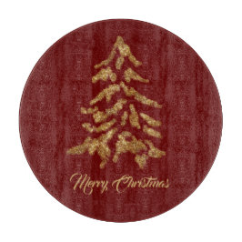 Elegant Burgundy Red Golden Tree Frohe Weihnachten Schneidebrett