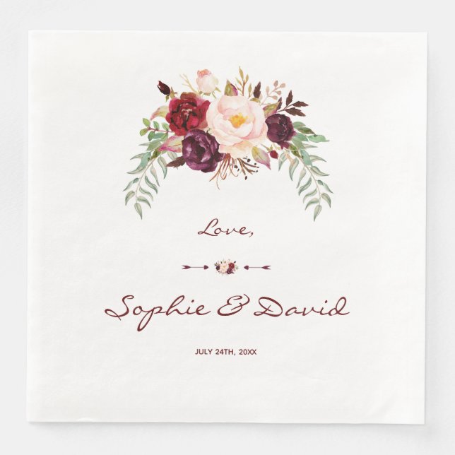 Elegant Burgundy Red Marsala Floral Wedding Serviette (Vorderseite)