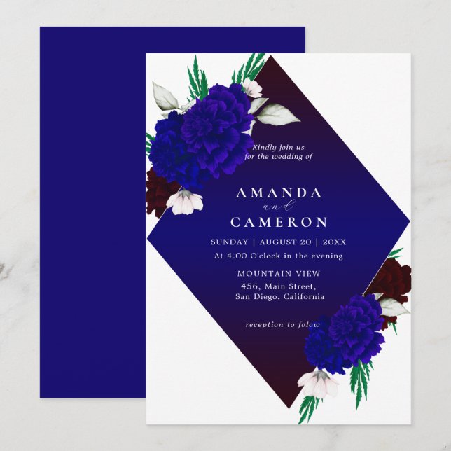 Elegant Burgundy Red Navy Blue "MARIGOLD" Wedding Einladung (Vorne/Hinten)