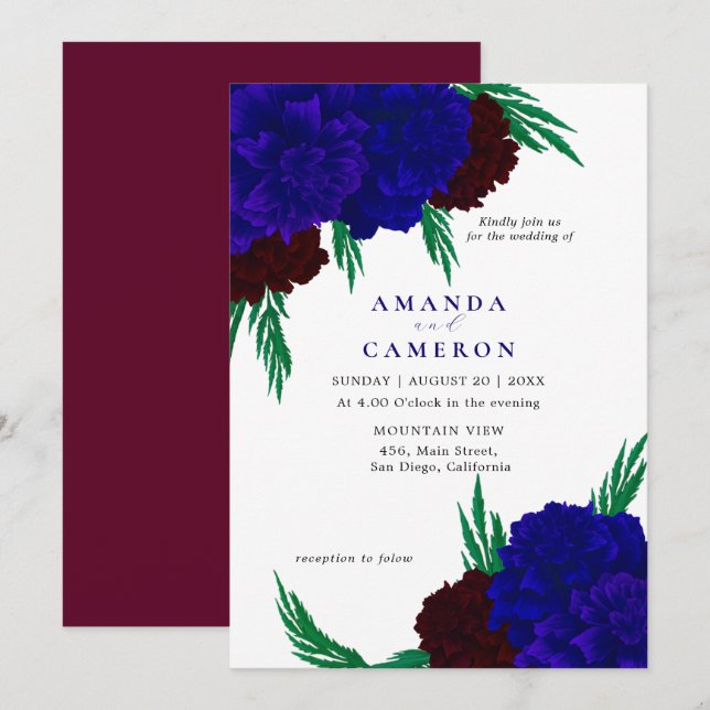 Elegant Burgundy Red Navy Blue "MARIGOLD" Wedding Einladung (Vorne/Hinten)