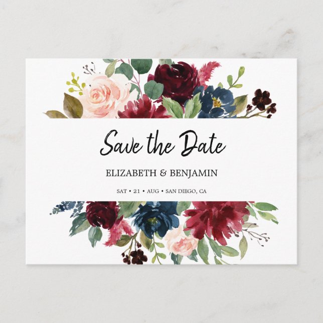 Elegant Burgundy Red Navy Floral Save the Date Postkarte (Vorderseite)