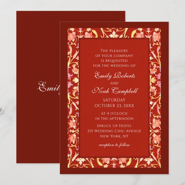 Elegant Burgundy Red Stylish Floral Wedding Einladung (Vorne/Hinten)