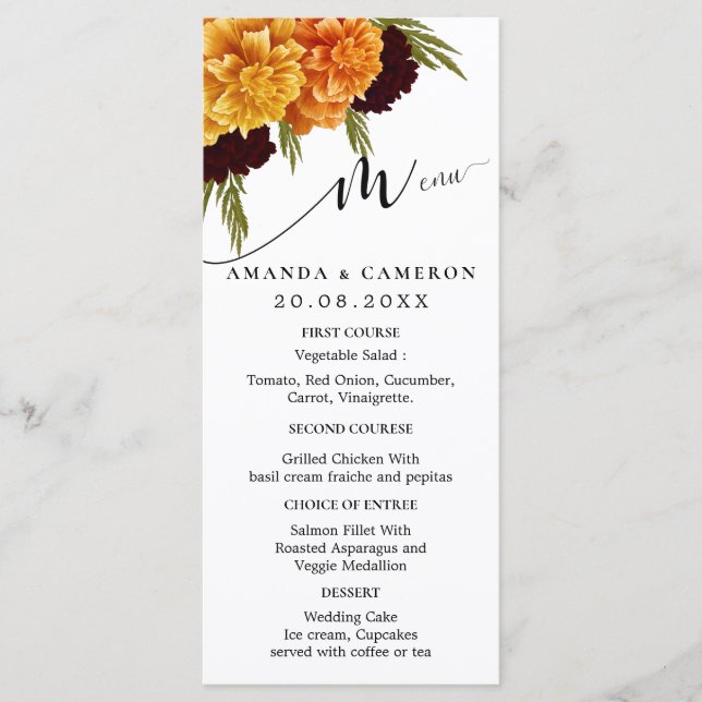 Elegant Burgundy Red Watercolor "MARIGOLD" Wedding Menükarte (Vorderseite)