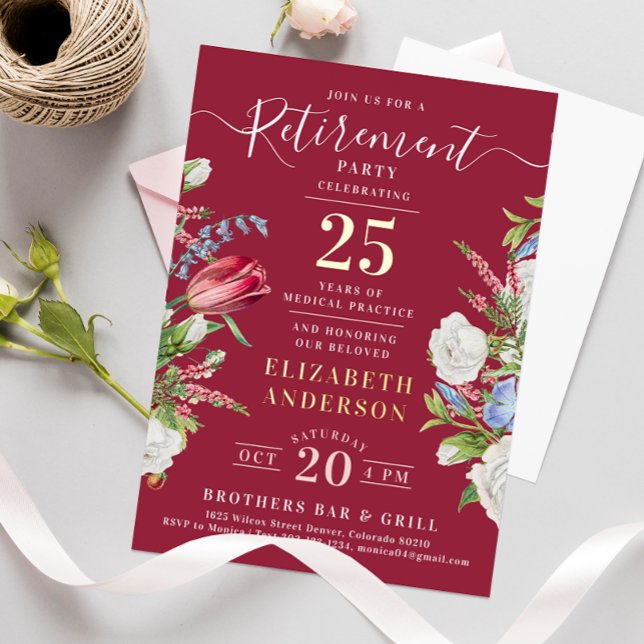 Élégant Burgundy Retraite Floral Foil Invitation (Créateur téléchargé)