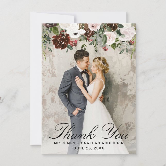 Elegant Burgundy Rosa Rose Floral 2 Foto Hochzeit Dankeskarte (Vorderseite)