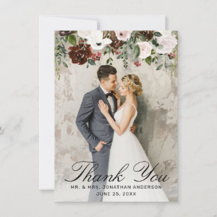 Elegant Burgundy Rosa Rose Floral 2 Foto Hochzeit Dankeskarte