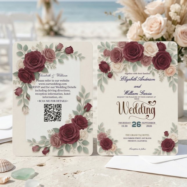 Elegant Burgundy Rose All In One QR Code Wedding Einladung (Von Creator hochgeladen)