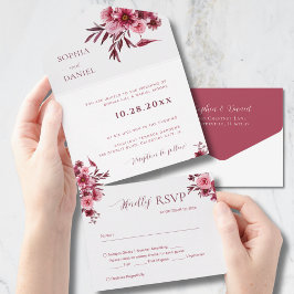 Elegant Burgundy Rose Floral Wedding Invitation All In One Einladung