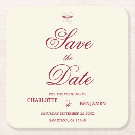Elegant Burgundy Script Cream Ivory Bow Wedding Rechteckiger Pappuntersetzer