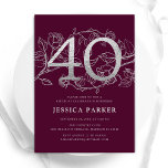 Elegant Burgundy Silver 40. Geburtstag Einladung<br><div class="desc">Elegante burgundy silber 40. Geburtstag Party Einladung. Individuell anpassbares modernes feminines Design mit Rose botanischen Akzenten und Imitaten Glitzer Silber. Einfache florale Einladungskarte perfekt für eine stilvolle Damenfeier. Personalisieren Sie Ihre persönlichen Daten. Gedruckte Zazzle Einladungen oder Sofortdownload digitalen druckbaren Vorlage.</div>