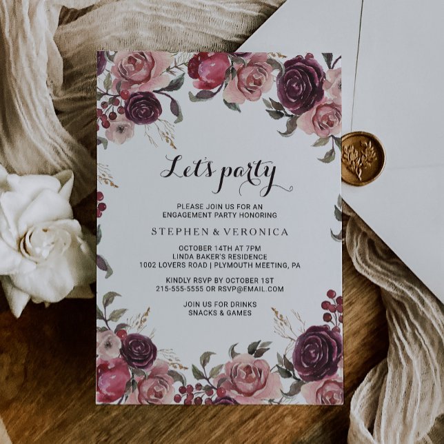 Elegant Burgundy Summer Floral Let's Party Einladung (Von Creator hochgeladen)