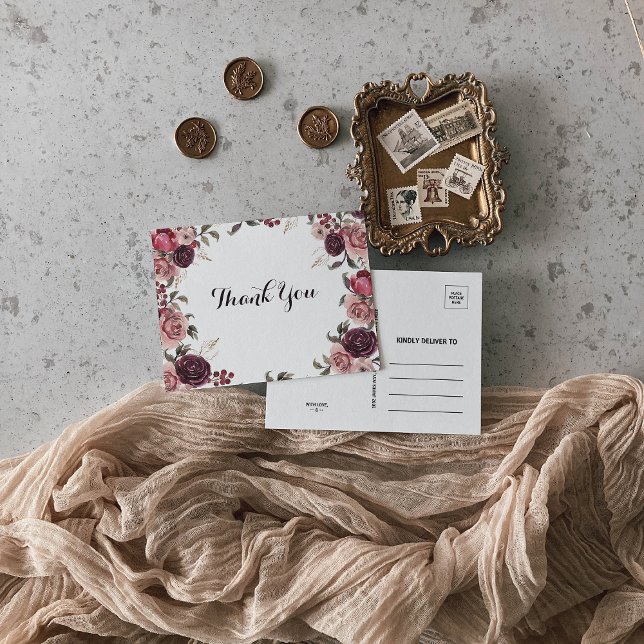Elegant Burgundy Summer Floral Vielen Dank Postkarte (Von Creator hochgeladen)
