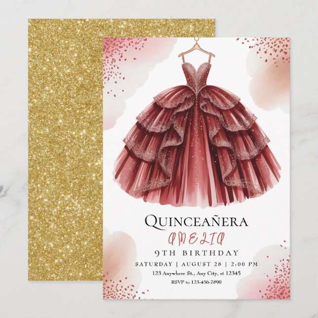 Elegant Burgundy Sweet 15 Einladung (Vorne/Hinten)