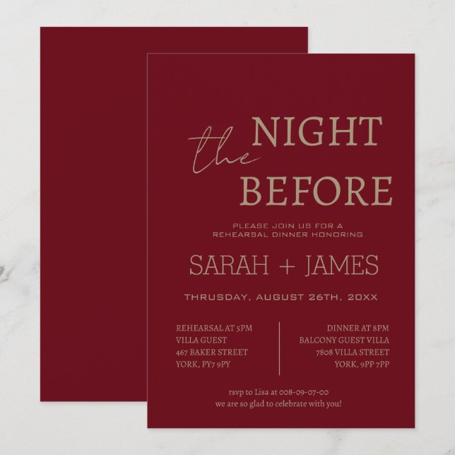 Elegant Burgundy The Night Before Dinner Wedding Einladung (Vorne/Hinten)