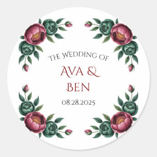 Elegant Burgundy und Emerald Peony Wedding Runder Aufkleber