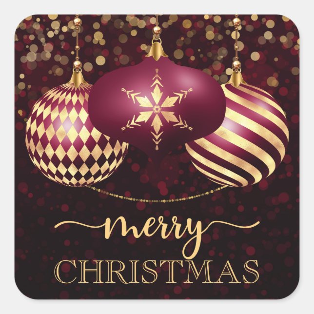 Elegant Burgundy und Gold Baubles Frohe Weihnachte Quadratischer Aufkleber (Vorderseite)