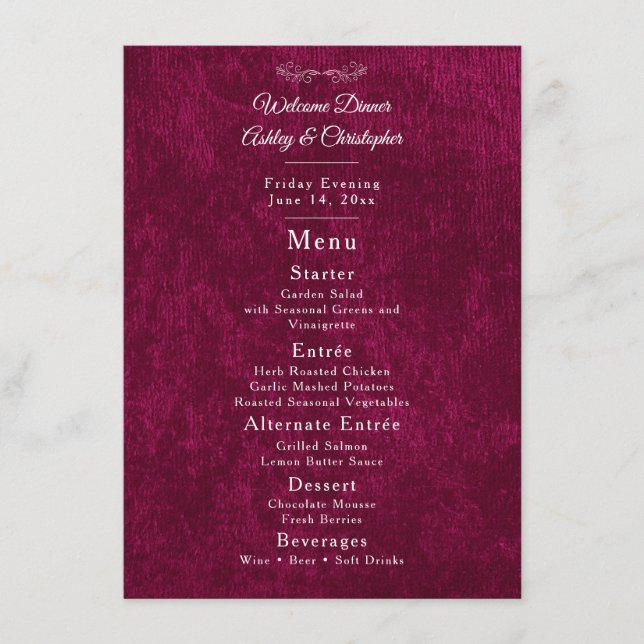 Elegant Burgundy Velvet White Welcome Dinner Menükarte (Vorderseite)