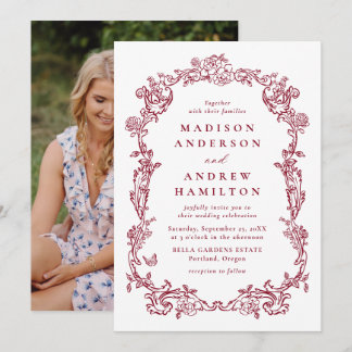Elegant Burgundy Victorian Floral Frame Wedding Einladung