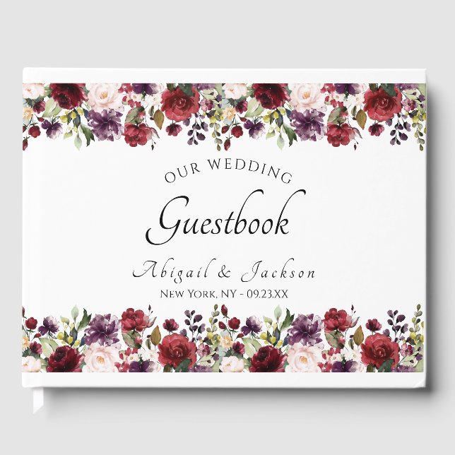Elegant Burgundy Violet Floral Wedding Monogram Gästebuch (Vorderseite)