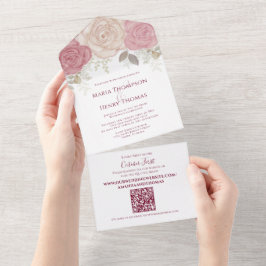 Elegant Burgundy Watercolor QR Code Guest Address All In One Einladung
