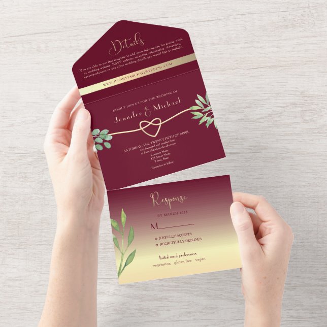 Elegant Burgundy Wedding All In One Einladung (Abreißen)