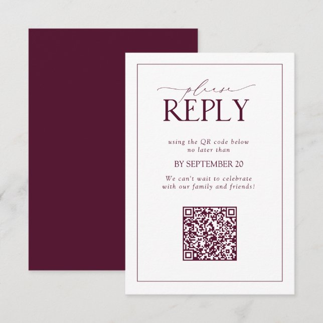 Elegant Burgundy Wedding QR Code Bitte beantworten RSVP Karte (Vorne/Hinten)