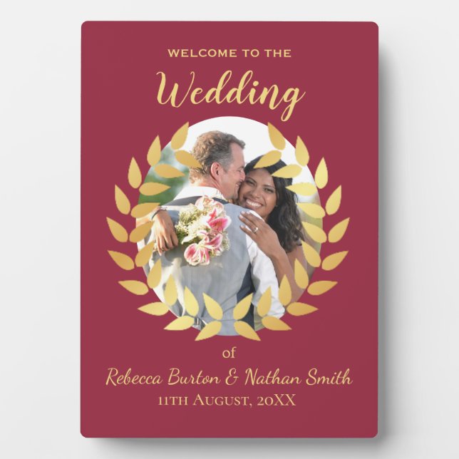 Elegant Burgundy Wedding Welcome Custom Photo Sign Fotoplatte (Vorderseite)