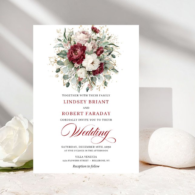 Elegant Burgundy White Floral Gold Wedding Invite Einladung (Elegant Burgundy White Floral Gold Wedding Invitation)
