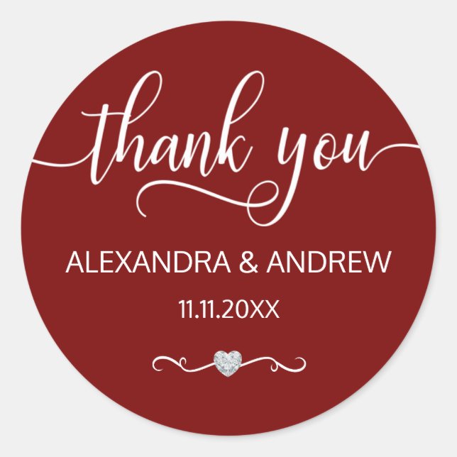 Elegant BURGUNDY White Script Wedding Vielen Dank Runder Aufkleber (Vorderseite)