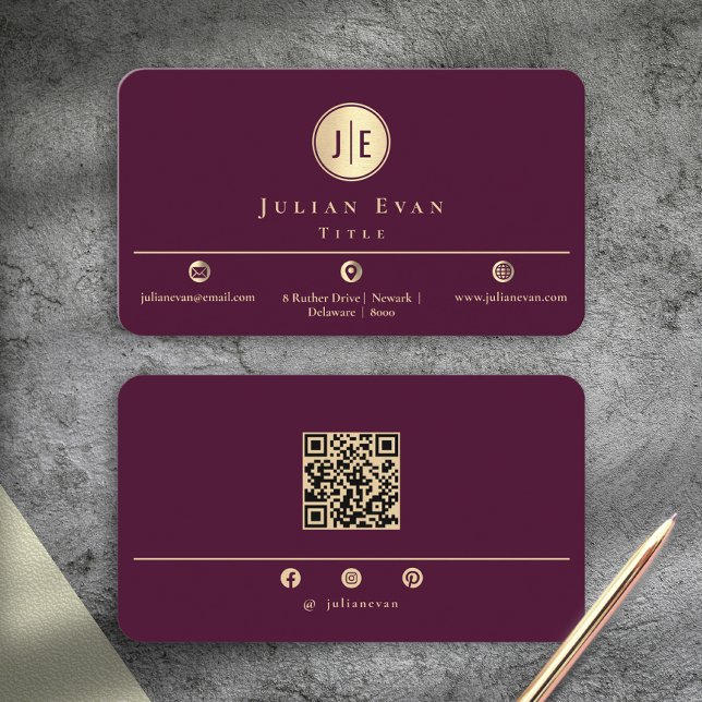 Elegant Burgundy Wine Gold Shiny Circle Monogram Visitenkarte (Elegant Burgundy Wine Gold Shiny Circle Monogram Business Card)